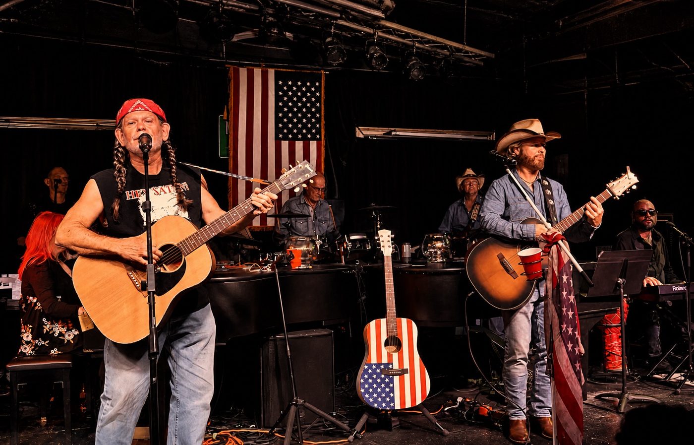 The full Red Solo Show band performing live beneath an American flag