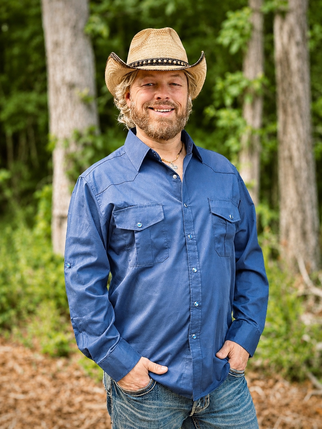Joshua Rupp outdoors in a blue western shirt