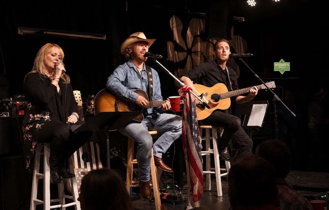 Acoustic trio performing on stools at McEisley's Tavern